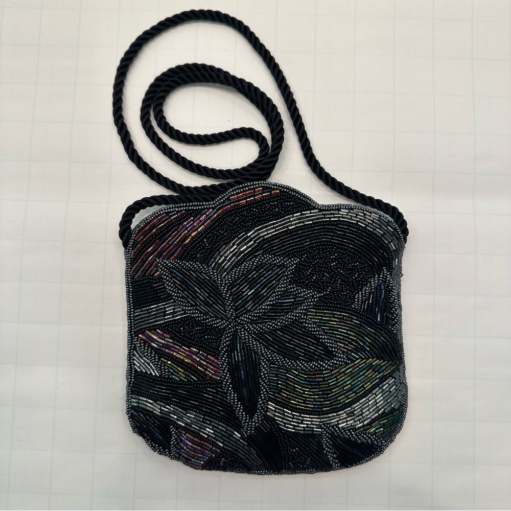 Vintage Black Beaded Shoulder Bag 1980s Art Deco Mod Floral Evening Clutch